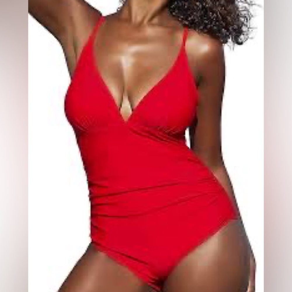 SouqFone Red One Piece Swimsuit V Neck Tummy Control Ruched Bathing Suits NWT